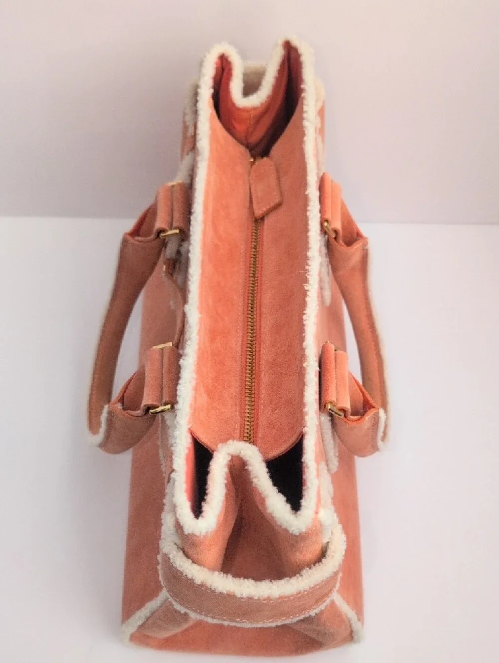 Samantha Thavasa Peach Suede Shearling Trim Handbag
